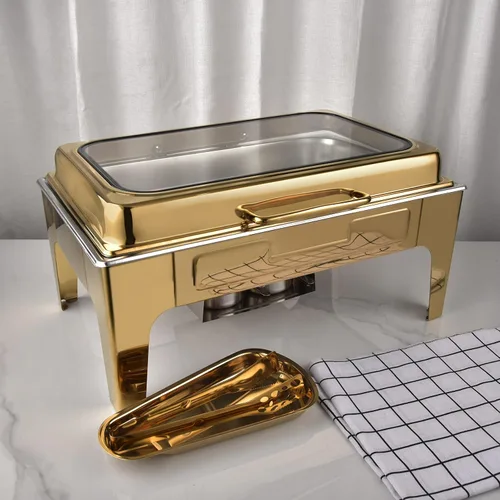 Vista 4 de Estufa de buffet de acero inoxidable de oro de 10 L, estufa cuadrada de preservación de calor para calefacción, plato de roce con cubierta de vidrio