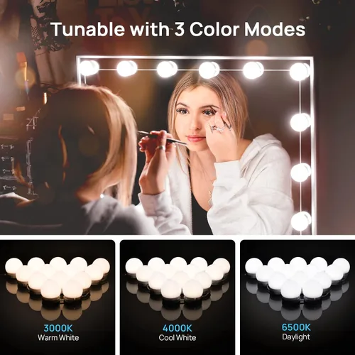 Vista 3 de Luces LED de Tocador para Espejo, Consciot Luces Estilo Hollywood con 14 Bombillas Regulables, Color y Brillo Ajustables, Cable USB, Luces de Espejo