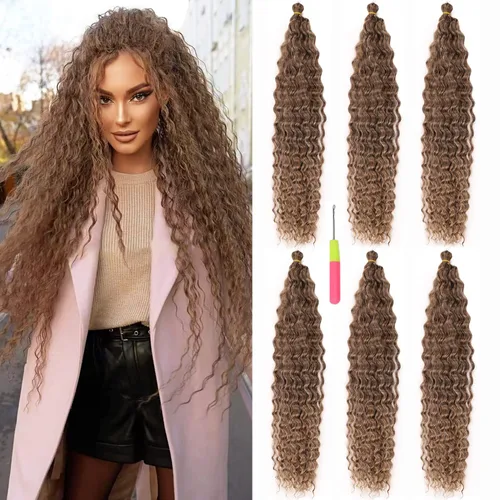 Vista 42 de Extensiones de cabello ondulado con ganchillo Ocean Wave de 18 pulgadas, 6 paquetes, extensiones de cabello de ganchillo sueltas de onda profunda #1B