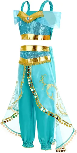 Vista 2 de Disfraz de jazmín para niñas, vestido de princesa árabe, para fiesta de cumpleaños, carnaval, juego de ropa de cosplay de jazmín
