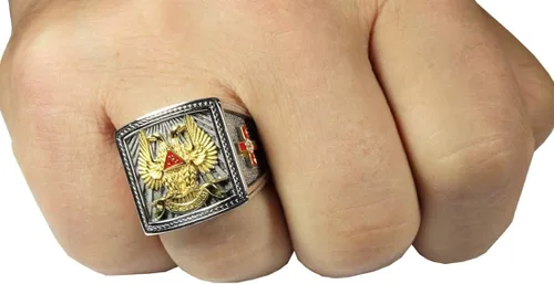 Vista 5 de UNIQABLE KTR023 - Anillo de plata de ley con alas de 32 grados para caballeros masónicos, chapado en oro de 18 quilates