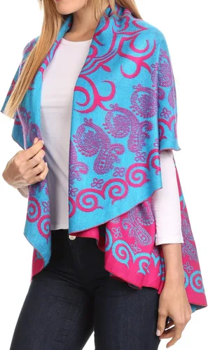 Vista 4 de Poncho reversible estampado Sakkas Balie de peso medio que se puede usar como chal o cárdigan