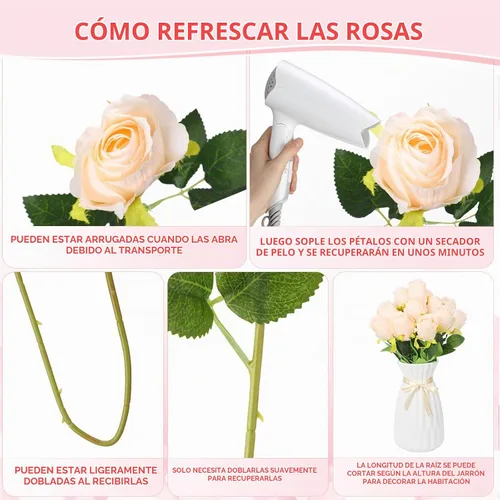 Vista 3 de Jexine 100 piezas de rosas artificiales a granel, ramo de rosas de seda falsas realistas de tallo largo para centros de mesa, jarrones, bodas, Beige