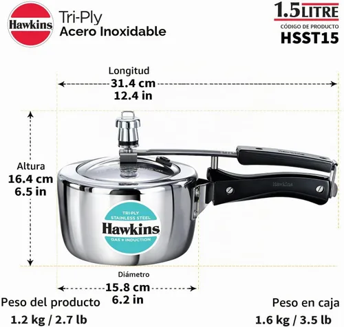 Vista 8 de HAWKINS Olla a presión de acero inoxidable triple, con tapa interior y cocina de inducción (HSST15) 1.5 litros, color plateado