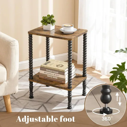 Vista 7 de Mesa auxiliar, mesa auxiliar pequeña, mesita de noche de 2 niveles con estantes de almacenamiento, mesa de centro para espacios pequeños, diseño