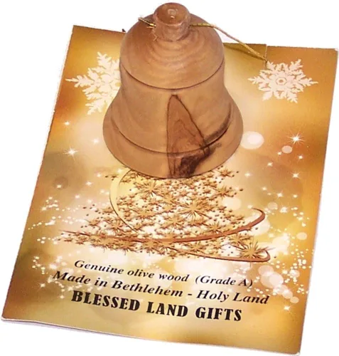 Vista 2 de Holy Land Market Adornos de Navidad de madera de olivo – Campanas colgantes hechas a mano para árbol, adornos de madera de la Tierra Santa