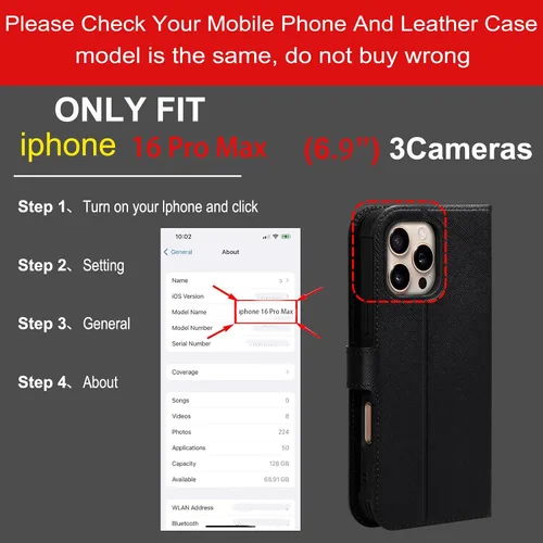 Vista 2 de Funda de cuero compatible con iPhone 16 Pro Max Cartera 6.9", cuero genuino 2 en 1, magnética, desmontable, a prueba de golpes, funda tipo folio