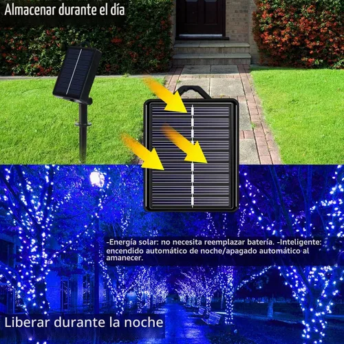 Vista 2 de Guirnalda de luces solares azules impermeables para exteriores, paquete de 2 unidades de 144 pies, 400 LED con 8 modos de impermeabilidad IP44