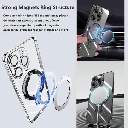 Vista 4 de Funda magnética para iPhone 14 Pro con soporte para anillo compatible con MagSafe, protector de lente de cámara incorporado, funda a prueba