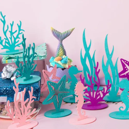 Vista 7 de 61 piezas de suministros de decoración de cumpleaños de sirena para tema oceánico, incluye 20 centros de mesa de fieltro, 40 envoltorios de cupcakes