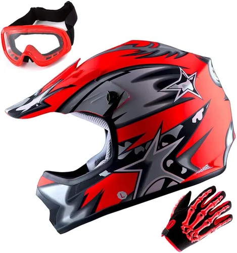 Vista 14 de WOW Casco de motocross juvenil MX BMX, casco de bicicleta negro araña + gafas + guante negro esqueleto K-Negro mate