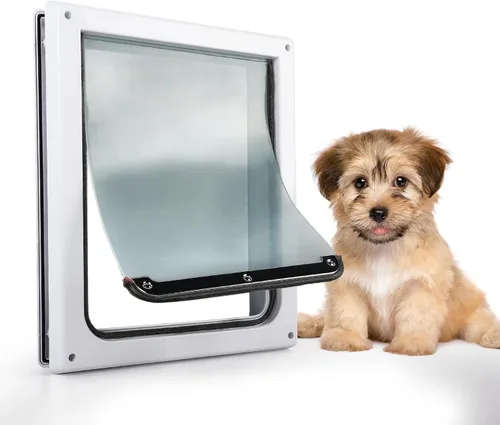 Vista 9 de PAWISE Puerta de perro de 2 vías, puerta para perro con cerradura con panel de metal seguro y solapa transparente flexible, resistente a