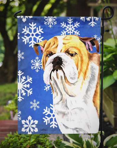 Vista 3 de Caroline's Treasures SC9374GF Bulldog English Snow flakes Holiday Garden Flag Buzón Bandera decorativa para patio exterior, patio, obras de arte