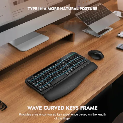 Vista 6 de Juego de teclado y mouse inalámbrico, teclas de onda de tamaño completo, teclado ergonómico con reposa muñecas acolchado, soporte para teléfono
