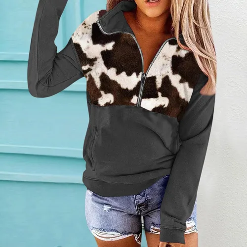 Vista 2 de Melliflo Sudadera casual con estampado de vaca azteca con cuello con cremallera para mujer