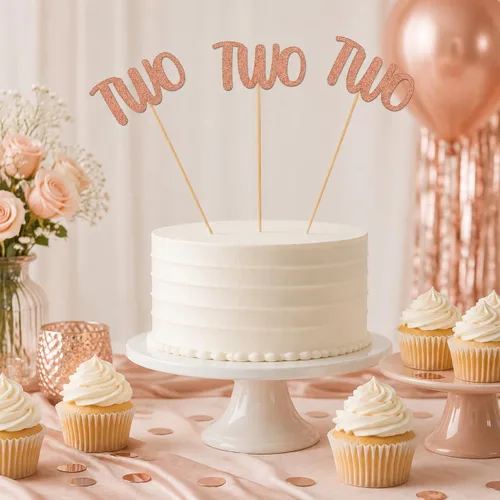 Vista 5 de Dos palos de centro de mesa de oro rosa, paquete de 12 decoraciones de fiesta de cumpleaños de niña de doble cara