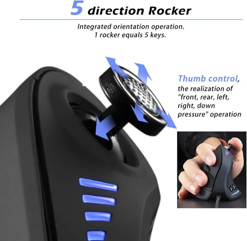 Vista 3 de Ratón vertical, ergonómico USB con cable vertical con [5 D Rocker] [10000 DPI] [11 botones programables], mouse RGB