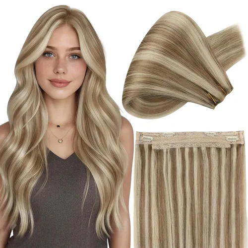 Vista 33 de Fshine - Extensiones de cabello con hilo invisible de 12 pulgadas, color rubio ceniza con reflejos de rubio decolorado, pieza de cabello humano real