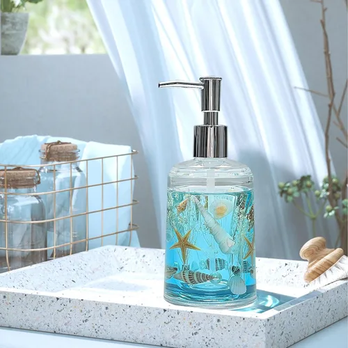 Vista 5 de Dispensador de jabón FONMY con bomba de acrílico con concha marina natural dispensador de jabón de manos hecho a mano para baño, dispensador