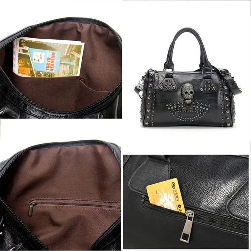 Vista 6 de Bolso de hombro para mujer con gran capacidad, estilo gótico con calavera, con tachuelas, estilo doctor