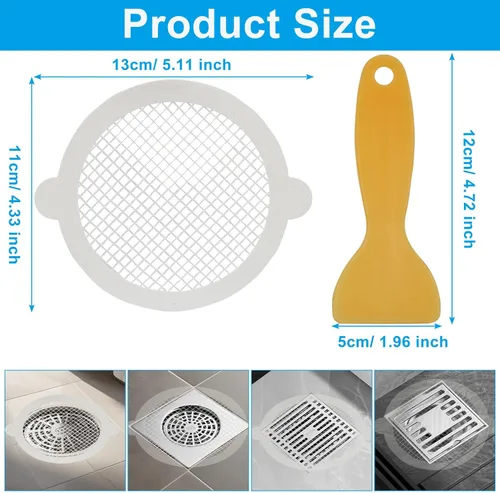 Vista 2 de LALOFE 40 unidades de atrapa pelo desechables para ducha, pantalla de drenaje de ducha de 5.11 x 4.33 pulgadas con raspador de goma amarillo