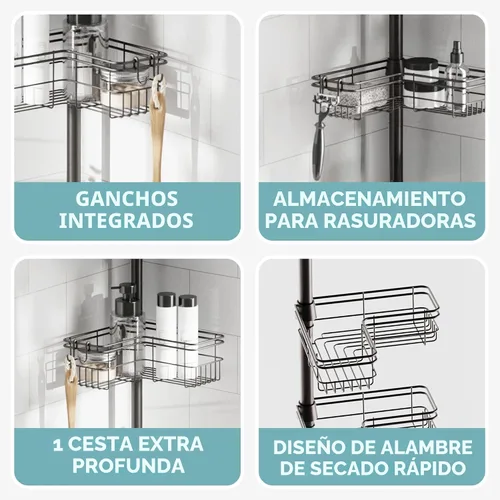 Vista 6 de Zenna Home Organizador de esquina con barra de tensión, organizador de ducha ajustable con 4 cestas en forma de L y ganchos, organizador de barra