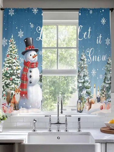 Vista 2 de Juego de 2 paneles de cortinas traslúcidas de Navidad de 63 pulgadas de largo, muñeco de nieve azul para dormitorio, sala de estar, bolsillo