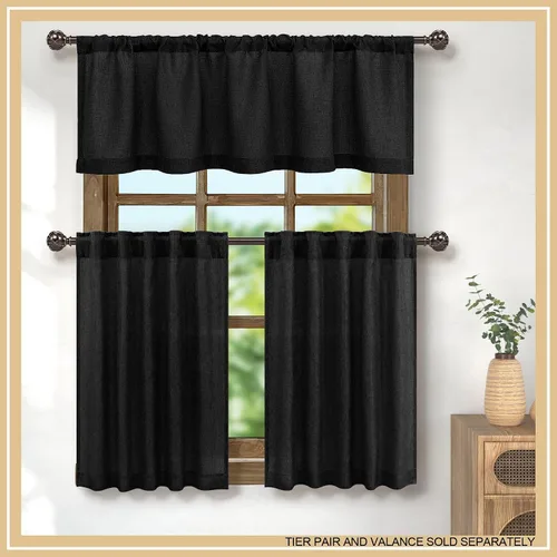 Vista 7 de Pitalk - Cenefa de ventana de lino negro para cocina, bolsillo para barra de 3 pulgadas, semitransparente, estilo bohemio moderno de granja, cenefa