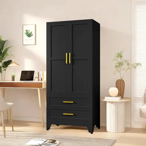 Vista 7 de PAOFIN Armario de metal negro de 71 pulgadas, armario de almacenamiento de ropa para dormitorio con 2 cajones y barra para colgar, armario