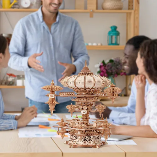Vista 9 de Rompecabezas de madera 3D para adultos, kit de modelo de caja de música SkyCity, más de 600 piezas, diseño de paisaje urbano, desafiante artesanía