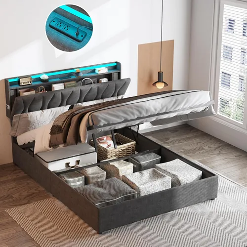 Vista 8 de Fameill - Base de cama tamaño matrimonial con plataforma de almacenamiento abatible, cabecero con altura ajustable y estación de carga, cama