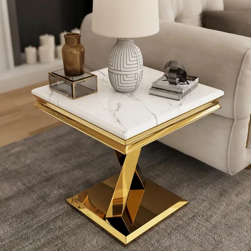 Vista 8 de Juego de 2 mesas auxiliares doradas, mesa auxiliar cuadrada blanca moderna con base en X de metal pulido dorado, elegante mesa decorativa