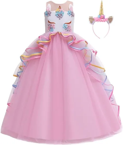 Vista 29 de Disfraz de unicornio para niñas, vestido largo de tul con diadema, fiesta de cumpleaños, carnaval, cosplay