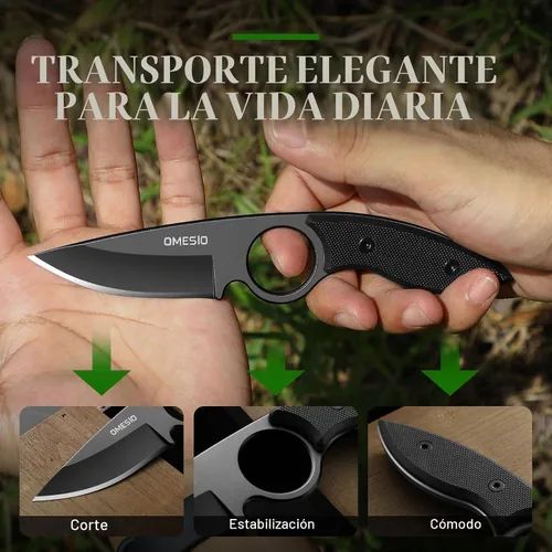 Vista 6 de Omesio Cuchillo pequeño de hoja fija, cuchillo táctico de caza y campamento con funda Kydex, acero inoxidable de espiga completa compacto EDC