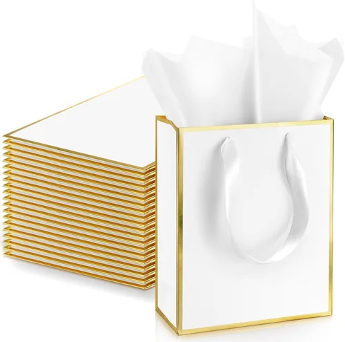 Vista 18 de Yeaqee Paquete de 24 bolsas de regalo de papel metálico con asa y tejido de 9 x 7 x 3.1 pulgadas, papel de aluminio dorado, bolsas de agradecimiento