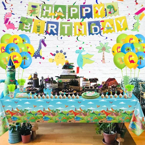 Vista 3 de 4 manteles de dinosaurio para decoración de fiesta de dinosaurios, suministros de fiesta de dinosaurios de 86 x 51 pulgadas, mantel rectangular