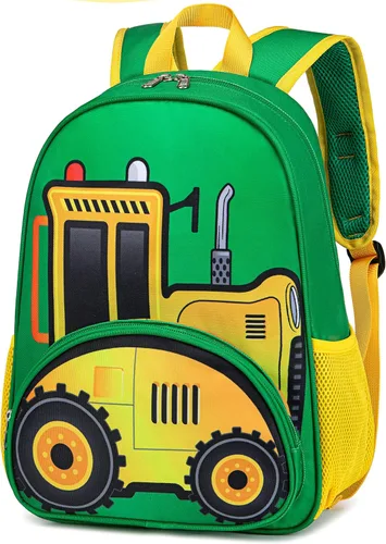 Vista 9 de BTOOP Mochila para niños y niñas, mochila con clip para el pecho, Tractor-verde, Mochilas Daypack