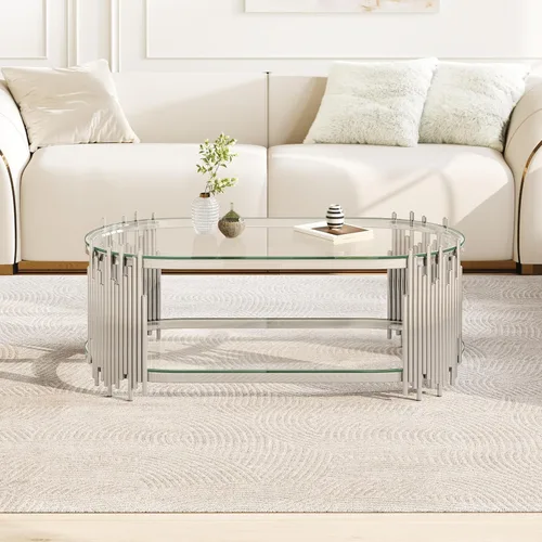 Vista 13 de Mesa de centro de cristal dorado de 2 niveles, moderna mesa de centro ovalada con estantes negros templados transparentes y marco de acero