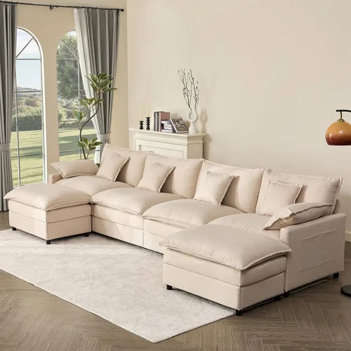 Vista 10 de GOSUHI - Sofá en forma de U de 108", sofá seccional modular, sofá de nube de 3 plazas con otomana móvil, sofás de asiento profundo para sala de Beige