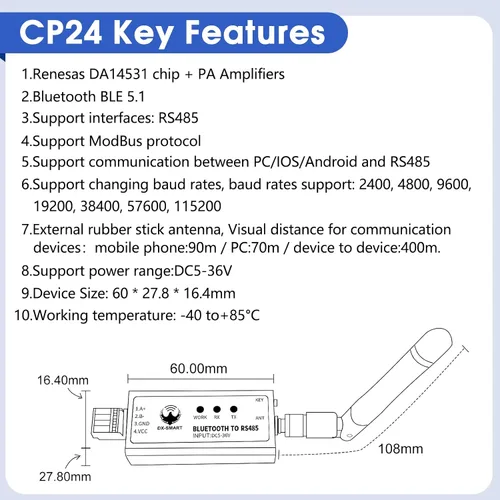 Vista 2 de Adaptador serie DX-CP24 RS485 a Bluetooth Módulo de comunicación Bluetooth inalámbrico industrial a convertidor, cambia el dispositivo con cable a