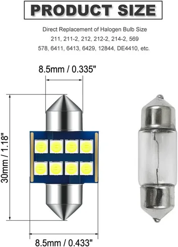 Vista 2 de 31MM Festoon DE3175 3175 6428 6000K Bombillas LED extra brillantes blancas para luces interiores de coche, placa, mapa, domo, maletero, puerta, luz