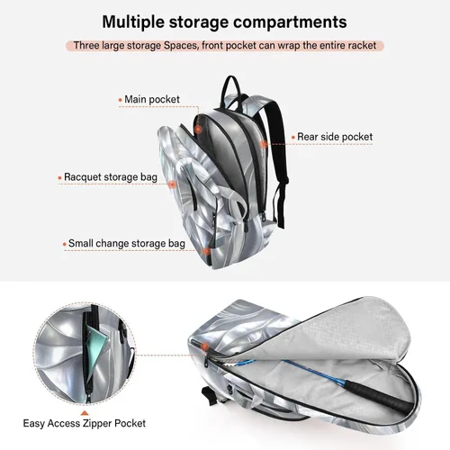 Vista 5 de Mochila de tenis para mujer y hombre, transpirable, con carcasa plateada, bolsa de viaje deportiva para hombres y mujeres, bolsa deportiva de tenis