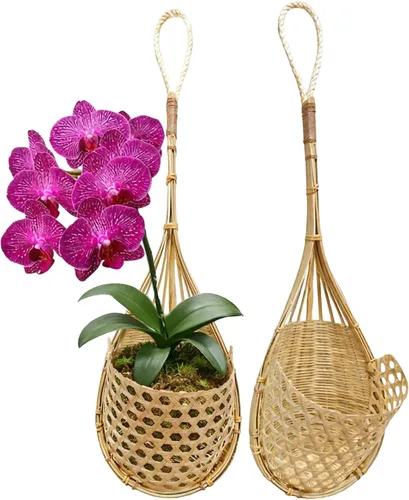 Vista 10 de cesta colgante de orquídea hecha a mano 100% de bambú tailandés – 4 pulgadas, juego de 3