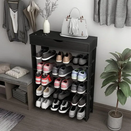 Vista 7 de DlandHome Zapatero de almacenamiento de zapatos, zapatero de 5 niveles, zapatos de madera, tacones, tenis, organizador de almacenamiento