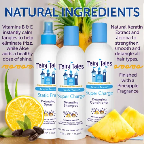 Vista 6 de Fairy Tales Tangle Tamer Super Charge Champú desenredante y acondicionador para niños, kit de viaje, sin parabenos, sin sulfatos, sin gluten, sin