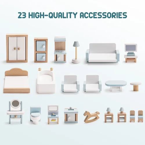 Vista 5 de ROBOTIME Muebles para Casa de Muñecas, Juego de Muebles de Madera para Casa de Muñecas, Set de 23 Piezas de Accesorios y Muebles para Casa