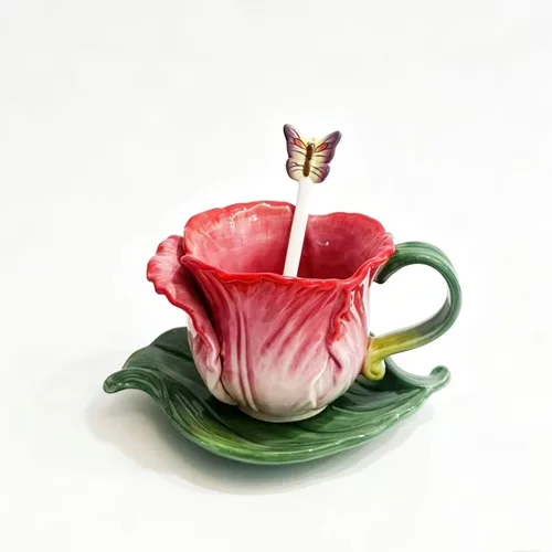 Vista 11 de Juego de taza de té y platillo de cerámica, taza de café de flores pintadas a mano en 3D de 6 onzas, regalo para mujeres, tulipán naranja