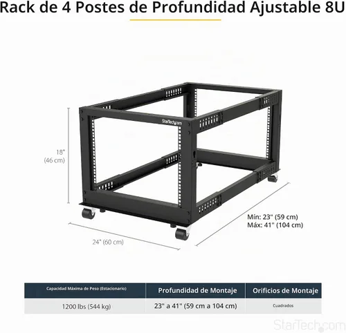 Vista 2 de StarTech Bastidor de servidor de marco abierto de 4 postes 8U móvil, bastidor de red de 19" con ruedas, pequeño bastidor rodante para equipos