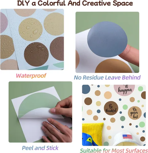 Vista 4 de Calcomanías de pared de lunares, coloridas calcomanías de pared bohemias para niños, calcomanías extraíbles de círculo redondo de arco iris