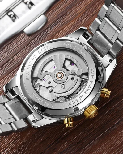 Vista 7 de Tourbillon automático para hombre multifunción zafiro oro acero inoxidable impermeable esfera azul reloj